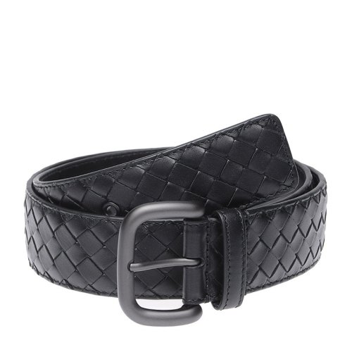 Bottega Veneta/葆蝶家 BV 男士時尚黑色真皮針式帶頭圓扣經典編織商務休閑皮帶腰帶 173784-V4650-1000