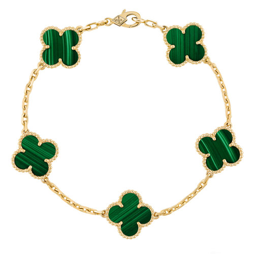 Van Cleef & Arpels/梵克雅寶 經典款Vintage Alhambra系列 18K金黃金鑲嵌孔雀石五花四葉草 手鏈 VCARL80900