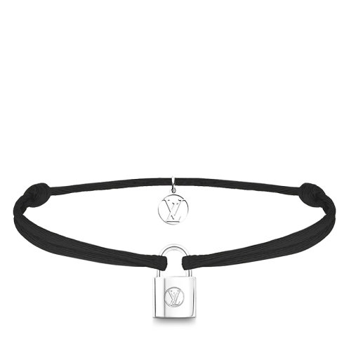 Louis Vuitton/路易威登 Silver Lockit系列 經典款黑色有機棉可回收銀LV雕刻掛鎖手鏈Q05173