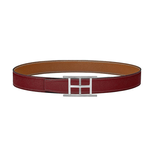 HERMES/愛馬仕 H inside系列 紅色/金色荔枝紋小牛皮 男士雙面銀扣皮帶32毫米H081669CK05/H075394CAAC090