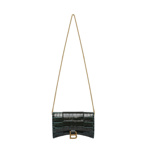 Balenciaga/巴黎世家 21新款HOURGLASS系列 女士迷你深綠色光澤鱷魚壓紋小牛皮金扣鏈式單肩斜挎沙漏錢包6560501LRGM3011