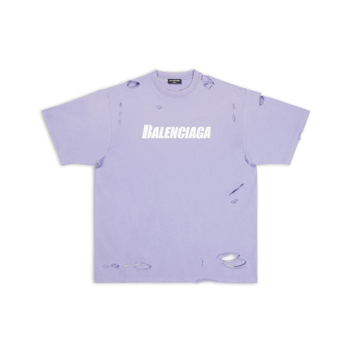 Balenciaga/巴黎世家 22年早春新款 DESTROYED系列 男女同款紫色純棉撕裂破洞做舊設(shè)計寬松版型短袖T恤651795TKVB83078