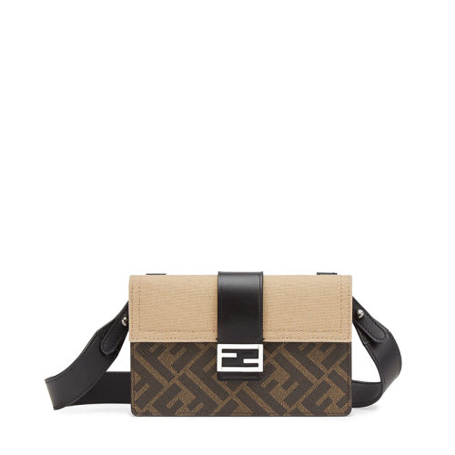 FENDI/芬迪  POCHETTE BAGUETTE系列 男士棕色帆布FF磁性紐扣自然色帆布翻蓋FF圖案單肩手提斜挎包7M0295AFSCF1EGA