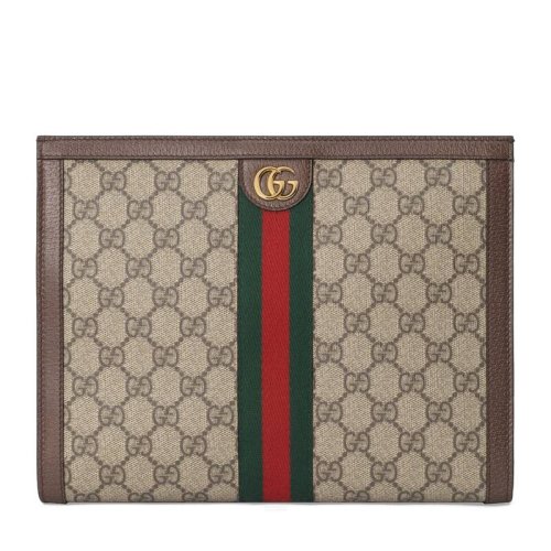 GUCCI/古馳 經典Ophidia系列 老花拼接棕色皮革紅綠織帶手拿包 62554996IWG8745
