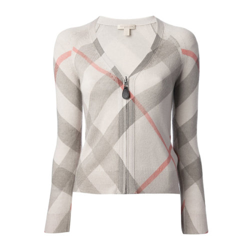 Burberry/博柏利 女士米灰色羊毛經(jīng)典格紋V領長袖針織衫毛衣