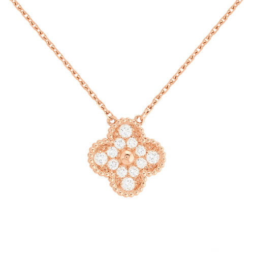 Van Cleef & Arpels/梵克雅寶 經典款Vintage Alhambra系列 18K金玫瑰金鑲嵌滿鉆四葉草項鏈VCARP2R300