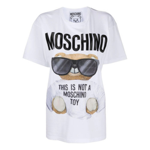 MOSCHINO/莫斯奇諾  女士白色棉質(zhì)經(jīng)典眼鏡熊印花圖案短袖T恤 EV07065540
