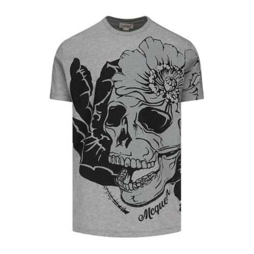 Alexander McQueen/亞歷山大麥昆 男士灰色棉質(zhì)大號(hào)骷髏頭印花圓領(lǐng)短袖T恤 626674-QPZ59-0902