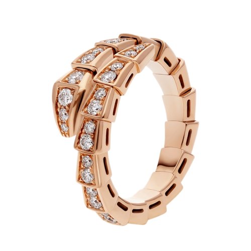 BVLGARI/寶格麗 Serpenti Viper系列 經典款18K金玫瑰金滿鉆 單圈蛇形戒指  355974