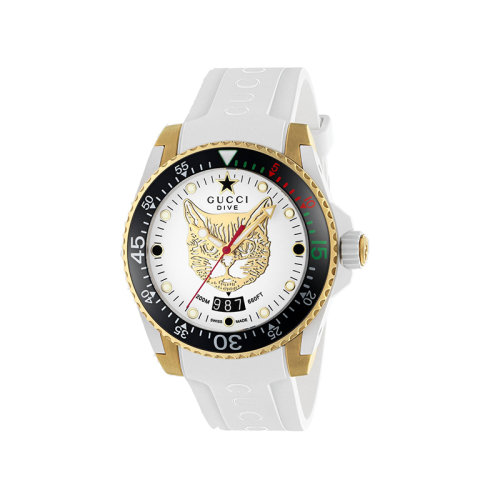GUCCI/古馳  古馳Gucci Dive系列潛水表以黃金PVD表殼白色表盤飾有金色貓頭圖案和白色橡膠表帶，40毫米