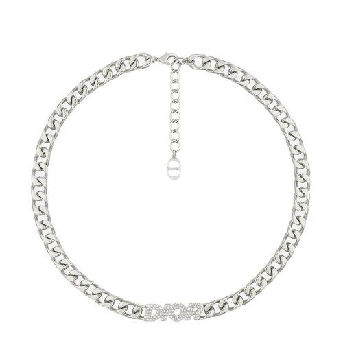 DIOR/迪奧  鍍銀黃銅DIOR字母鑲嵌白色晶體鏈環項鏈N1507HOMMT_D001