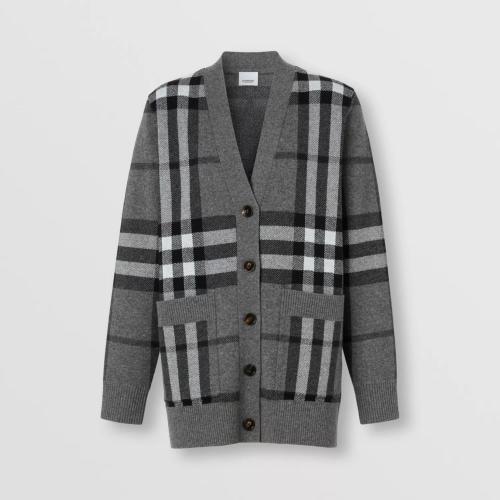  BURBERRY 22年秋冬 女士 羊毛混紡格紋提花寬松開衫 80590891