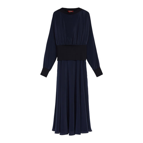 MaxMara/麥絲瑪拉 22年早春新款 AMADEUS系列 女士深藍色純真絲雙縐連衣裙6221052706007