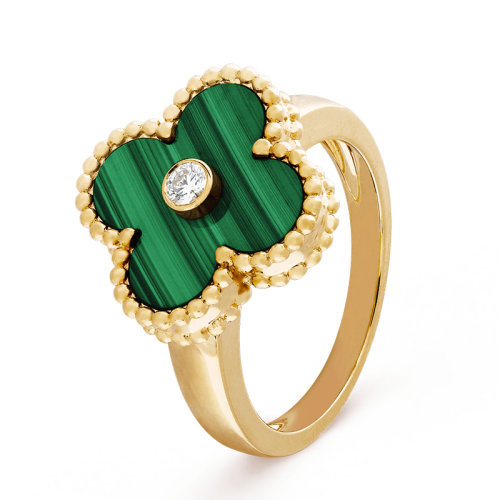 Van Cleef & Arpels/梵克雅寶 經典Vintage Alhambra系列 18K金黃金鑲嵌孔雀石獨鉆戒指  VCARO3QM00