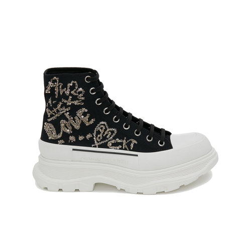 Alexander McQueen/亞歷山大麥昆 22年秋冬新款 Tread Slick系列 男士黑色/銀色棉質飾Tree Graffiti刺繡高幫闊型運動鞋711110W4TGC1320