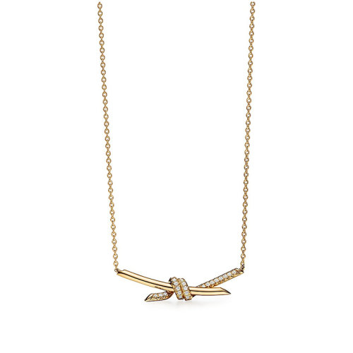 Tiffany & Co./蒂芙尼 22新款 Knot系列 女士18k黃金配鉆石拋光工藝繩結吊墜項鏈68887224