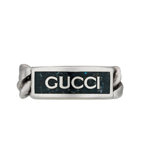 GUCCI/古馳 22新款 男女同款做舊款925純銀馬銜索鏈飾黑色琺瑯Gucci標識戒指678711J84101064