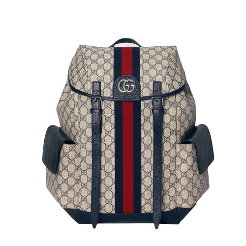 GUCCI/古馳 22春夏新款Ophidia系列 男士中號藍(lán)色/米色老花帆布拼接藍(lán)色皮革紅藍(lán)織帶雙肩背包 598140HUHAN4079