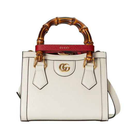 GUCCI/古馳 22春夏新款Diana系列 女士迷你白色皮革竹節紅飾帶金扣黃綠肩帶手提單肩托特包702732U3ZDT9196