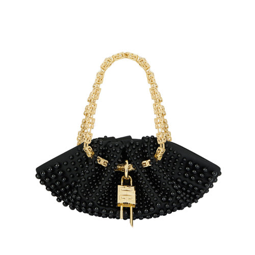 Givenchy/紀(jì)梵希 22新款 Kenny系列 女士黑色真絲通體珠繡磁性開合拆卸掛鎖立方體鏈提手金色飾面金屬手提包BB50NTB1L9-001