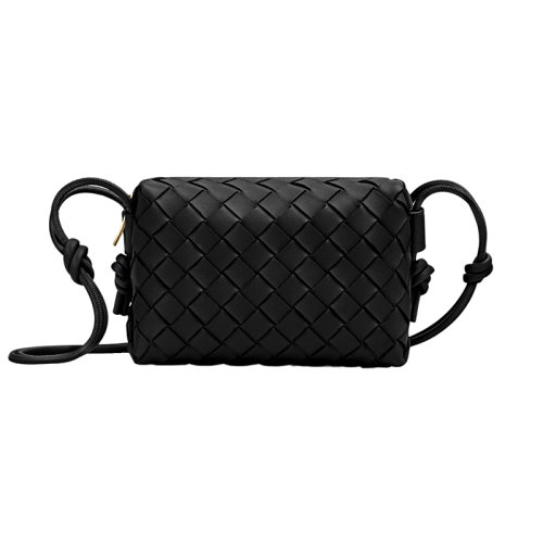 Bottega Veneta/葆蝶家 22新款 女士迷你黑色羔羊皮Intrecciato圖案拉鏈開合單肩斜挎相機包680254V1G118425