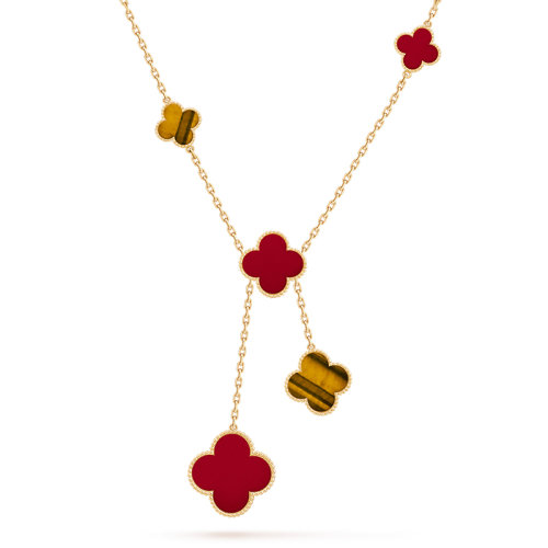Van Cleef & Arpels/梵克雅寶  經典Magic Alhambra系列 3瑪瑙3虎眼四葉草黃金鏈條項鏈VCARN5JP00