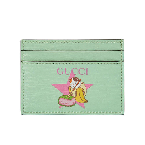 GUCCI/古馳 22新款Gucci Love Parade系列 女士淺綠色皮革Bananya聯名系列香蕉星星印花卡片夾701064U22AG3067