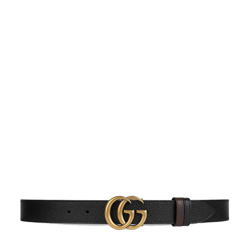 GUCCI/古馳 女士黑色/棕色荔枝紋皮革復(fù)古GG金扣雙面寬3cm腰帶643847CAO2T1062