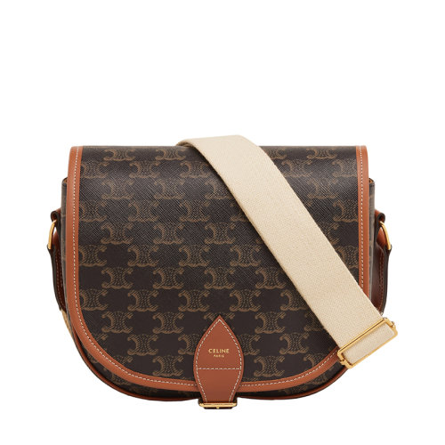 CELINE/賽琳  FOLCO系列 女士大號經(jīng)典老花帆布棕褐色小牛皮飾邊帆布肩帶斜挎單肩包196932BZJ.04LU