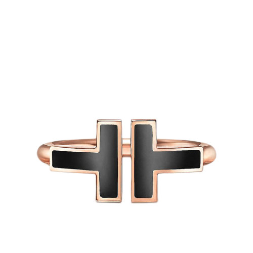 Tiffany & Co./蒂芙尼 經典Tiffany T系列 18K金玫瑰金鑲嵌黑色縞瑪瑙T形圖案Wire戒指指環GRP11095