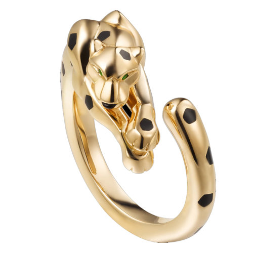 CARTIER/卡地亞 PANTHèREDE系列 黃金沙弗萊石石榴石瑪瑙豹子指環B4221600