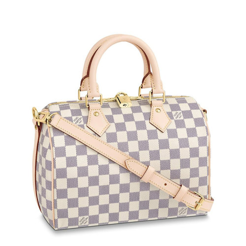 Louis Vuitton/路易威登 經典款SPEEDY 25系列 女士天藍色棋盤格帆布飾皮革滾邊金扣配可拆卸肩帶拉鏈開合單肩斜挎手提包N41374