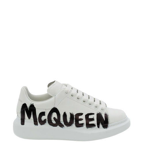 Alexander McQueen/亞歷山大麥昆 22年早春新款 女士白色/黑色光滑小牛皮革涂鴉Logo印花運動鞋698614WIBNK9061