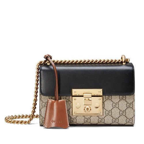 GUCCI/古馳 經(jīng)典款小號(hào)Padlock女士黑金帆布牛皮金屬鎖扣鏈條單肩包 409487 KLQJG 9785