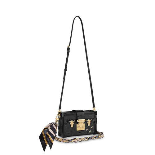Louis Vuitton/路易威登 22春夏新款PETITE MALLE系列 女士黑色水波紋粒面皮革同色系牛皮革飾邊配可拆卸飾絲巾鏈條金扣單肩斜挎手提盒子包M20532