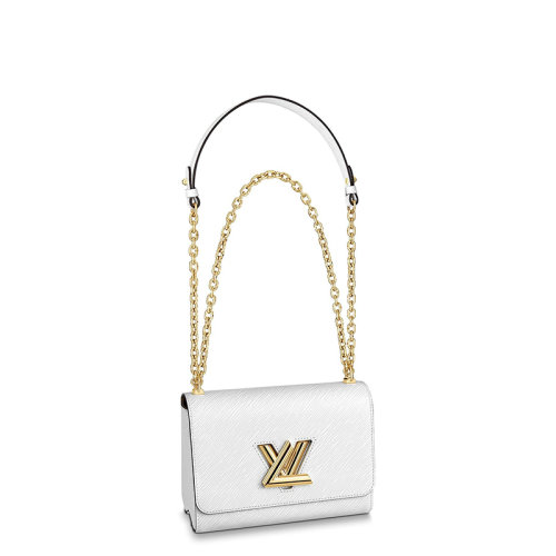 Louis Vuitton/路易威登 經(jīng)典款TWIST系列 女士中號白色水波紋牛皮革旋轉(zhuǎn)徽標金扣翻蓋開合單肩斜挎鏈條包M55513