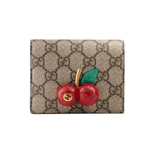 GUCCI/古馳   GG Supreme女士米色帆布櫻桃短款對折錢包476050 K9GXT 8694
