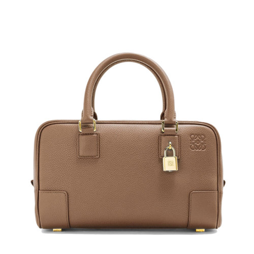 LOEWE/羅意威 Amazona 23系列 女士巧克力色粒面小牛皮金色掛鎖裝飾單肩斜挎手提包0010640688