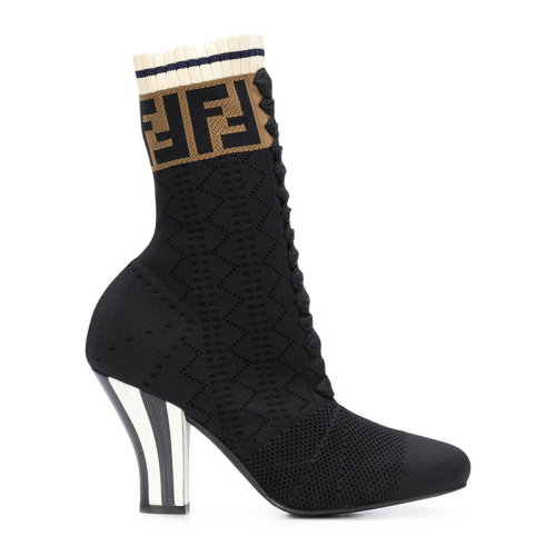 FENDI/芬迪 女士黑色襪子靴經典雙F印花高幫高跟鞋長靴女鞋 8T6763-A3GZ-F13RH