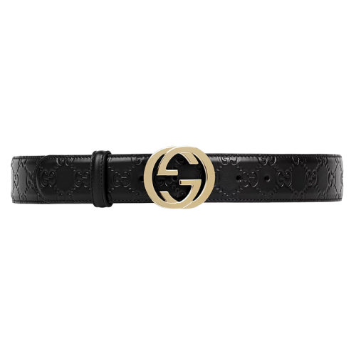 GUCCI/古馳 經典款 女士黑色皮革老花圖案壓印金色雙G帶扣腰帶37毫米?370543CWC1G1000