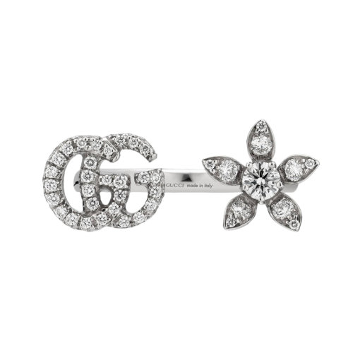 GUCCI/古馳 Gucci Flora 雙G和花朵細節鑲鉆18k金白金鉆石戒指 58J85689066