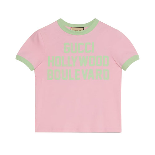 GUCCI/古馳 22年春夏新款 愛的進行曲系列 女士粉色純棉Hollywood Boulevard印花短袖T恤?695816XJED45904