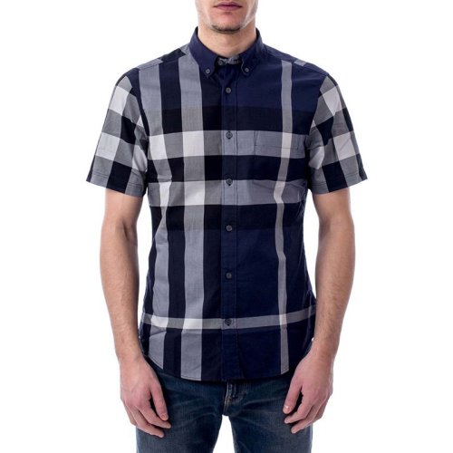 BURBERRY/博柏利男裝 服飾 經(jīng)典百搭 深藍(lán)色 棉質(zhì)格紋半袖襯衣 男士短袖襯衫 3891227