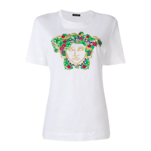 VERSACE/范思哲 女士白色棉質(zhì)經(jīng)典美杜莎頭像刺繡裝飾圓領(lǐng)短袖上衣T恤 A79095-A201952-A1001