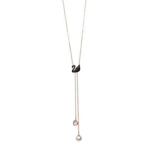 Swarovski/施華洛世奇  Iconic Swan系列女士鍍玫瑰金色仿水晶石Y型黑天鵝珍珠鎖骨鏈吊墜項鏈 5351806