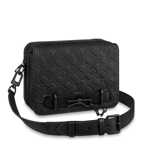 Louis Vuitton/路易威登 22春夏新款STEAMER系列 男士黑色老花壓印皮革經(jīng)典黑鏈扣配可拆卸肩帶拉鏈開合單肩斜挎郵差包M57307