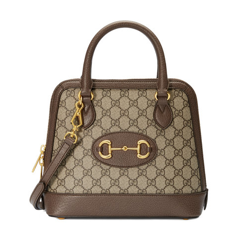 GUCCI/古馳  2020春夏新款1955系列 馬銜扣老花帆布拼接棕色皮革小號手提包 62122092TCG8563