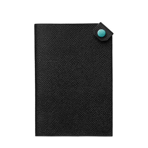 HERMES/愛馬仕 Tarmac Dot系列 女士黑色/環(huán)礁藍(lán)小牛皮銀按扣閉合護(hù)照夾H078483CKAE