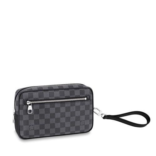 Louis Vuitton/路易威登 22春夏新款KASAI系列 男士石墨色方格棋盤帆布配皮徽標(biāo)印花銀扣配腕帶拉鏈開合手拿包N41664
