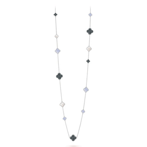 Van Cleef & Arpels/梵克雅寶 經典Magic Alhambra系列 18k金白金白色灰色珍珠母貝玉髓16個四葉草吊墜長項鏈VCARN19000